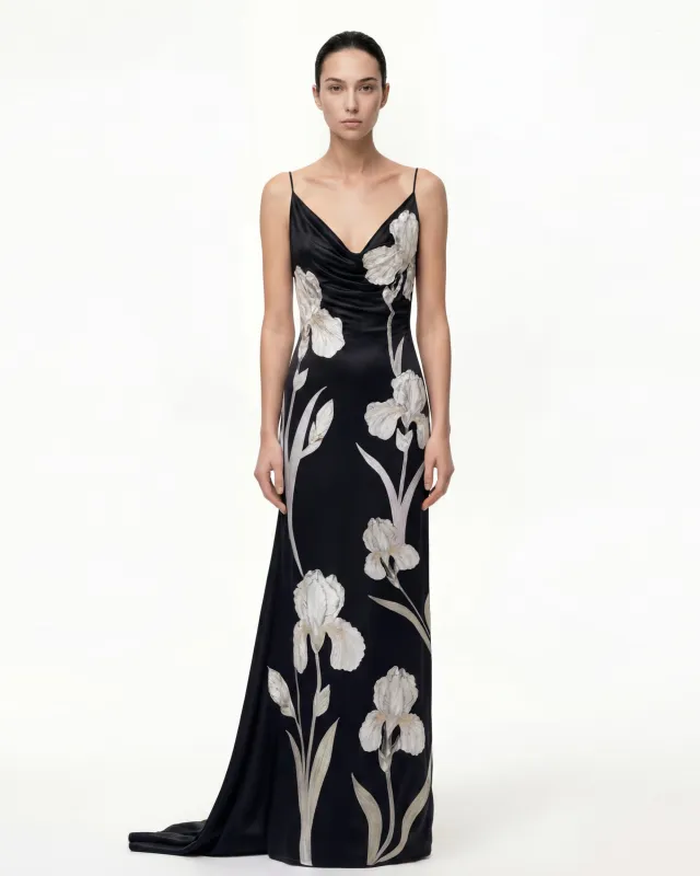Iris Motif Cowl-Neck Satin Slip Gown - Black sold by JW PEI