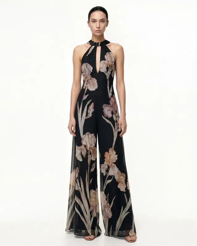 Iris Floral Print Keyhole Halter Jumpsuit - Black sold by JW PEI