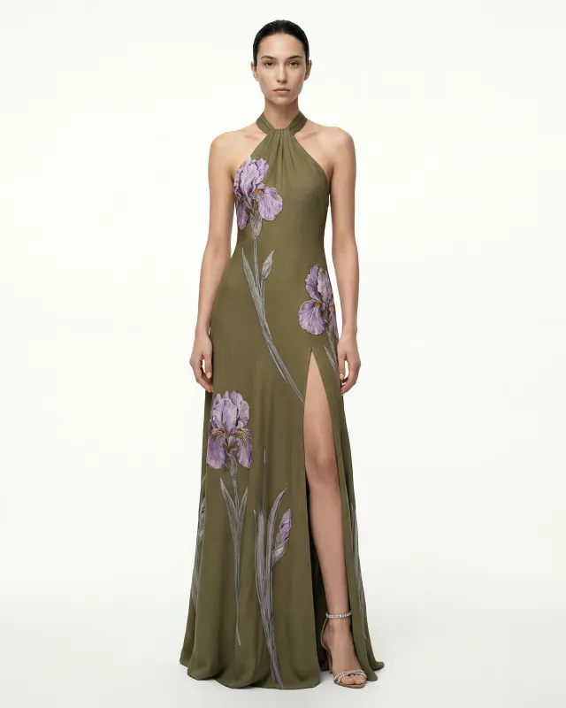 Iris Motif Halter High-Slit Gown - Green sold by JW PEI
