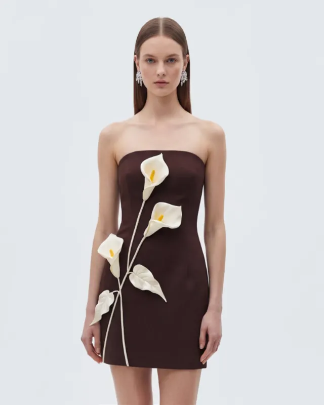 Strapless Floral Appliqué Dress - Dark Brown sold by JW PEI