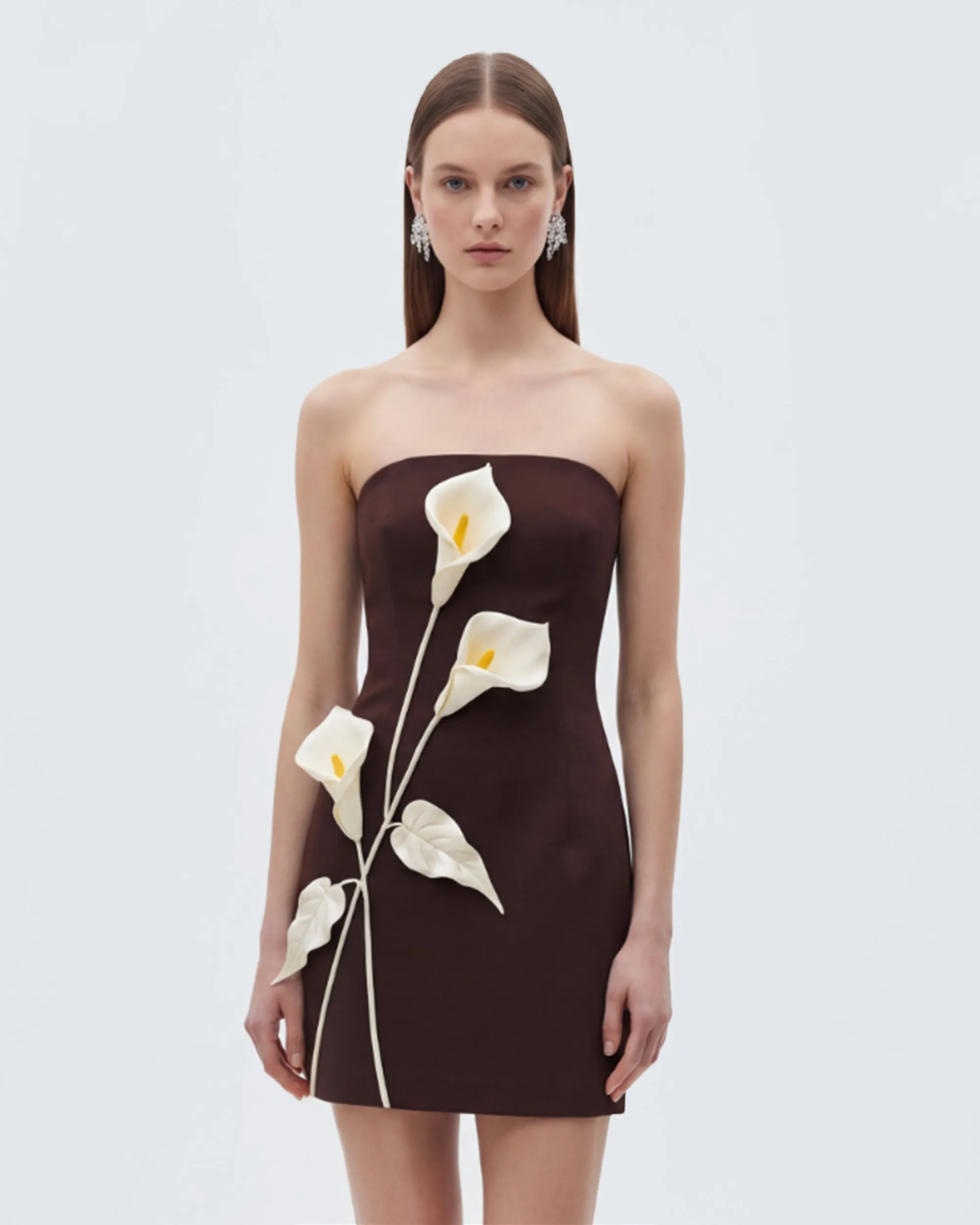 Strapless Floral Appliqué Dress - Dark Brown sold by JW PEI