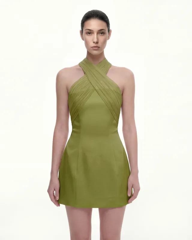 Satin Mini Dress with Tulle Cross-Halter - Olive Green made by JW PEI