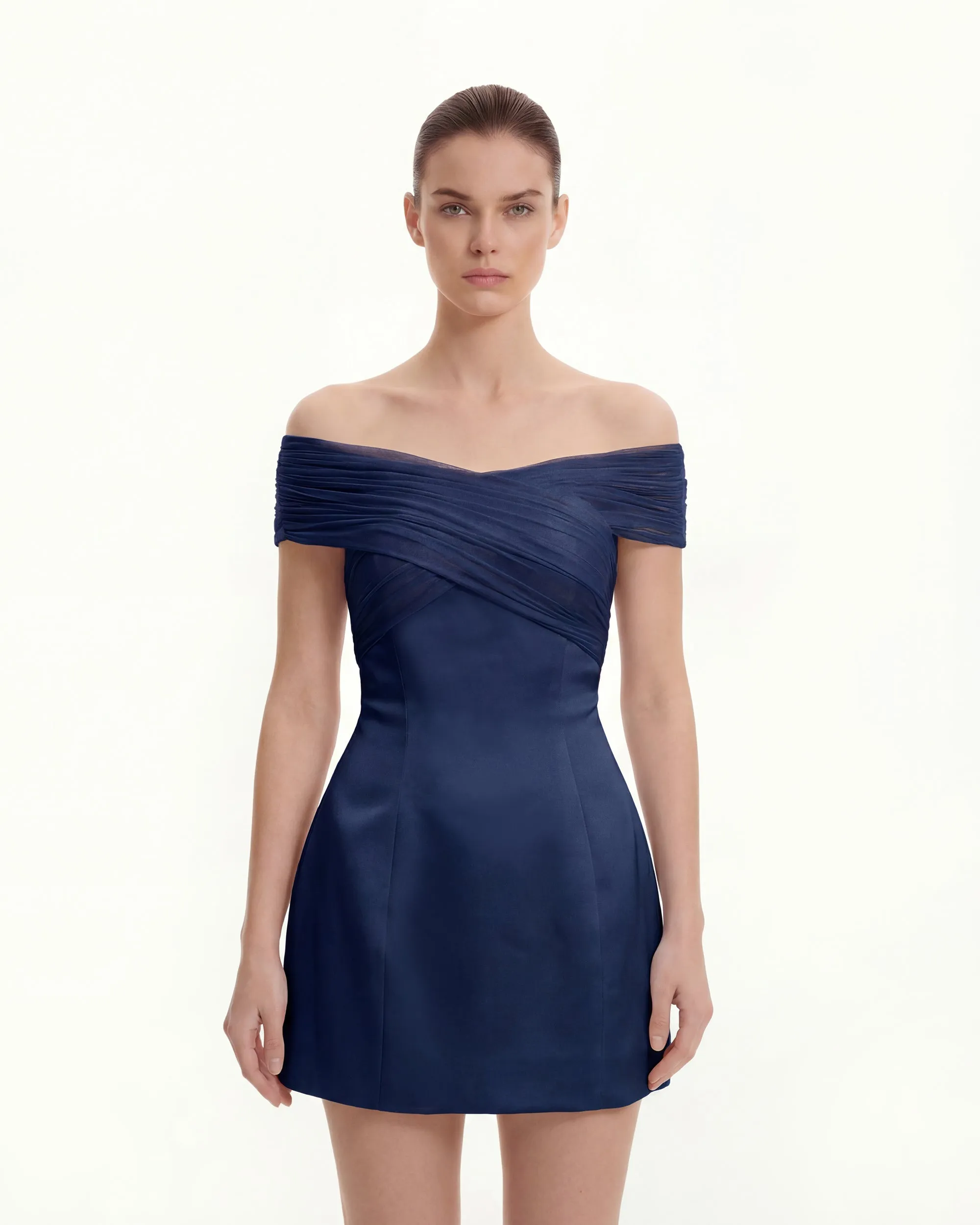 Satin Mini Dress with Tulle Cross-Halter - Navy blue sold by JW PEI product image thumbnail 2