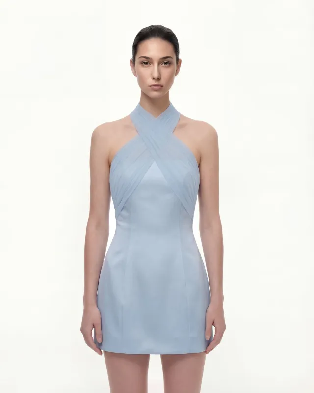 Satin Mini Dress with Tulle Cross-Halter - Blue sold by JW PEI