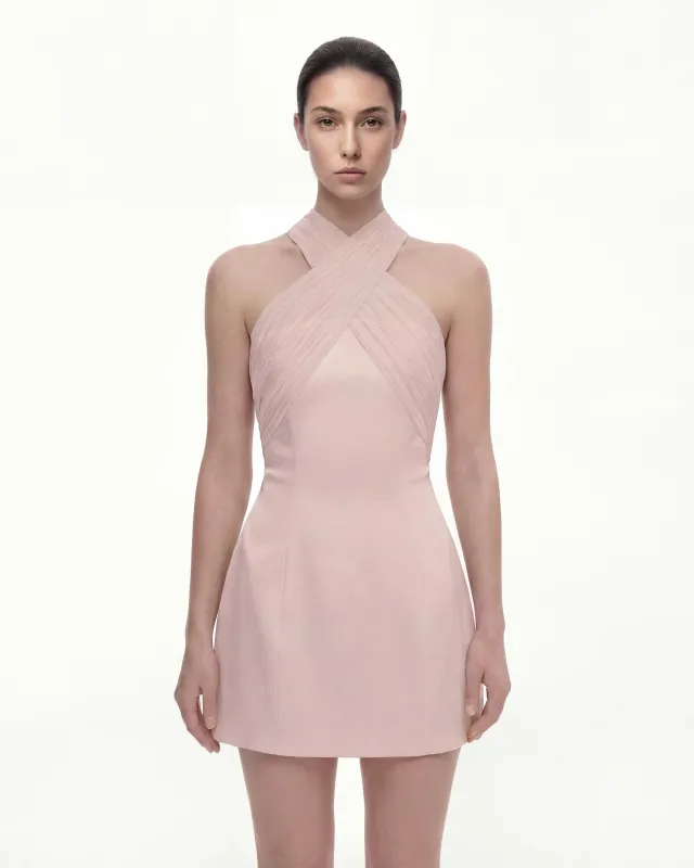 Satin Mini Dress with Tulle Cross-Halter - Pink made by JW PEI