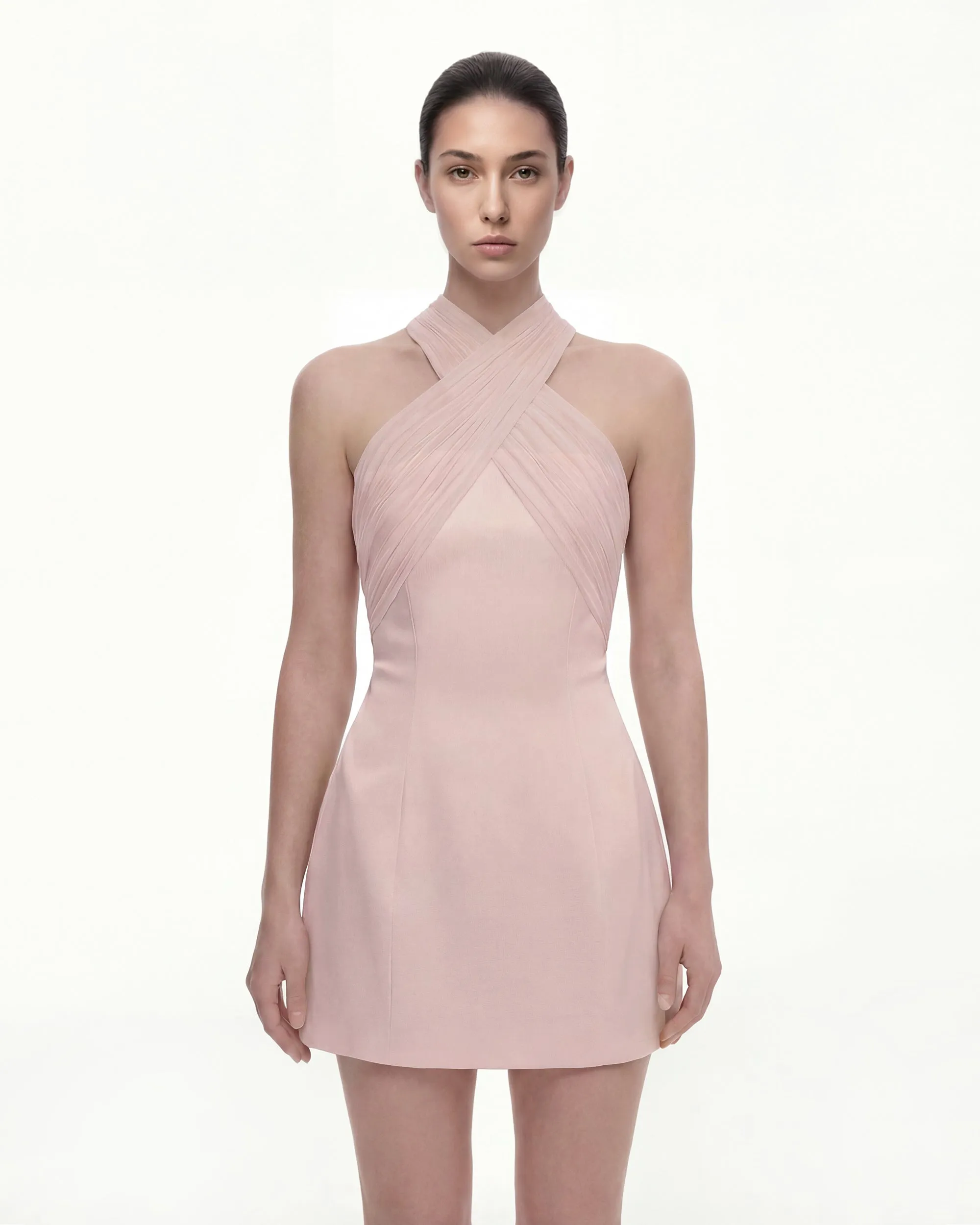 Satin Mini Dress with Tulle Cross-Halter - Pink sold by JW PEI