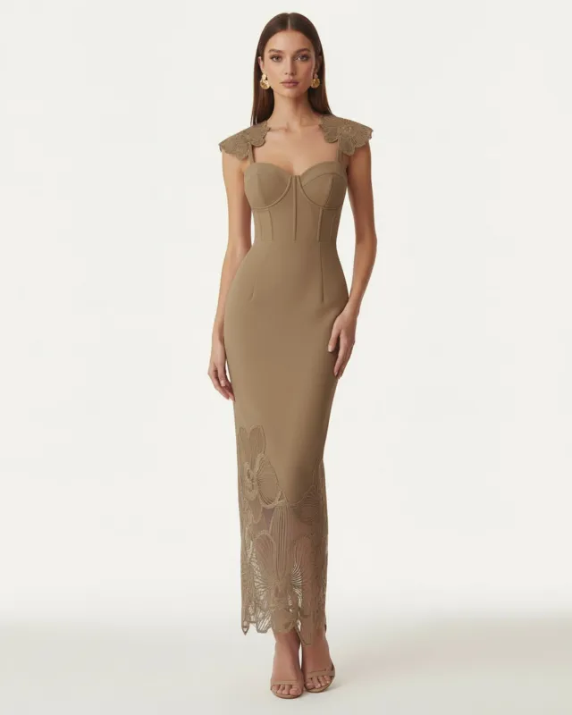 Orchid Embroidered Corset Dress - Mocha Brown made by JW PEI