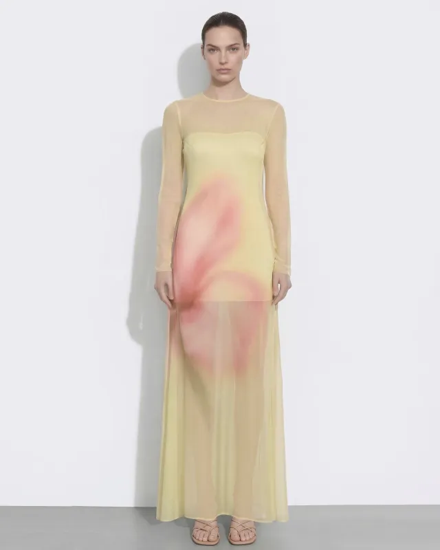 Watercolor Floral Print Chiffon Long-Sleeve Maxi Dress - Yellow sold by JW PEI