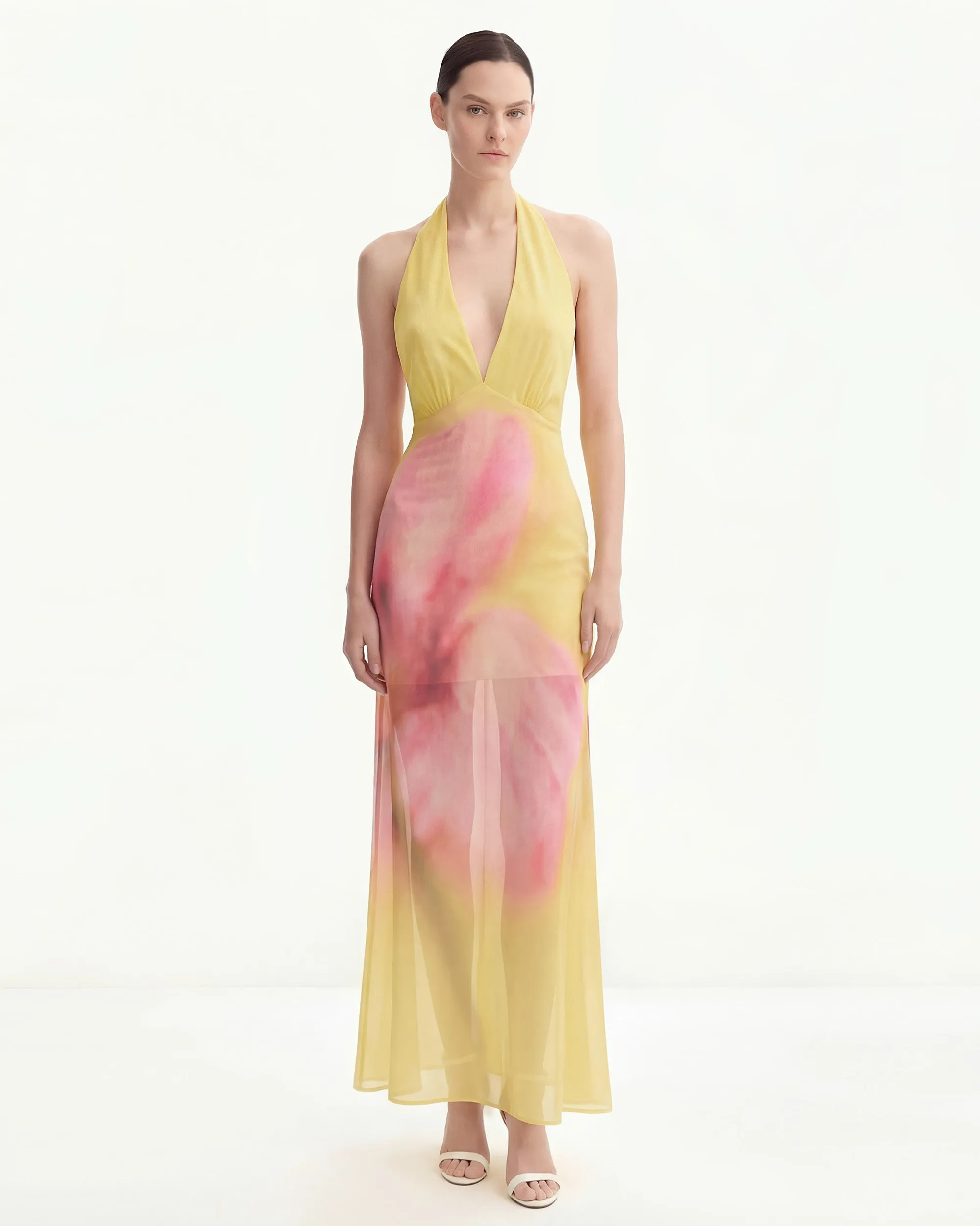 Watercolor Floral Print Chiffon Halter Dress - Yellow sold by JW PEI