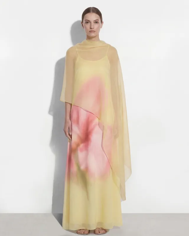 Watercolor Floral Print Chiffon Cape Maxi Dress - Yellow sold by JW PEI