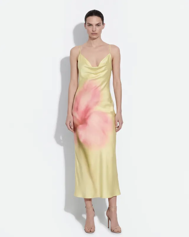 Watercolor Floral Print Satin Cowl Midi dress - Yellow sold by JW PEI
