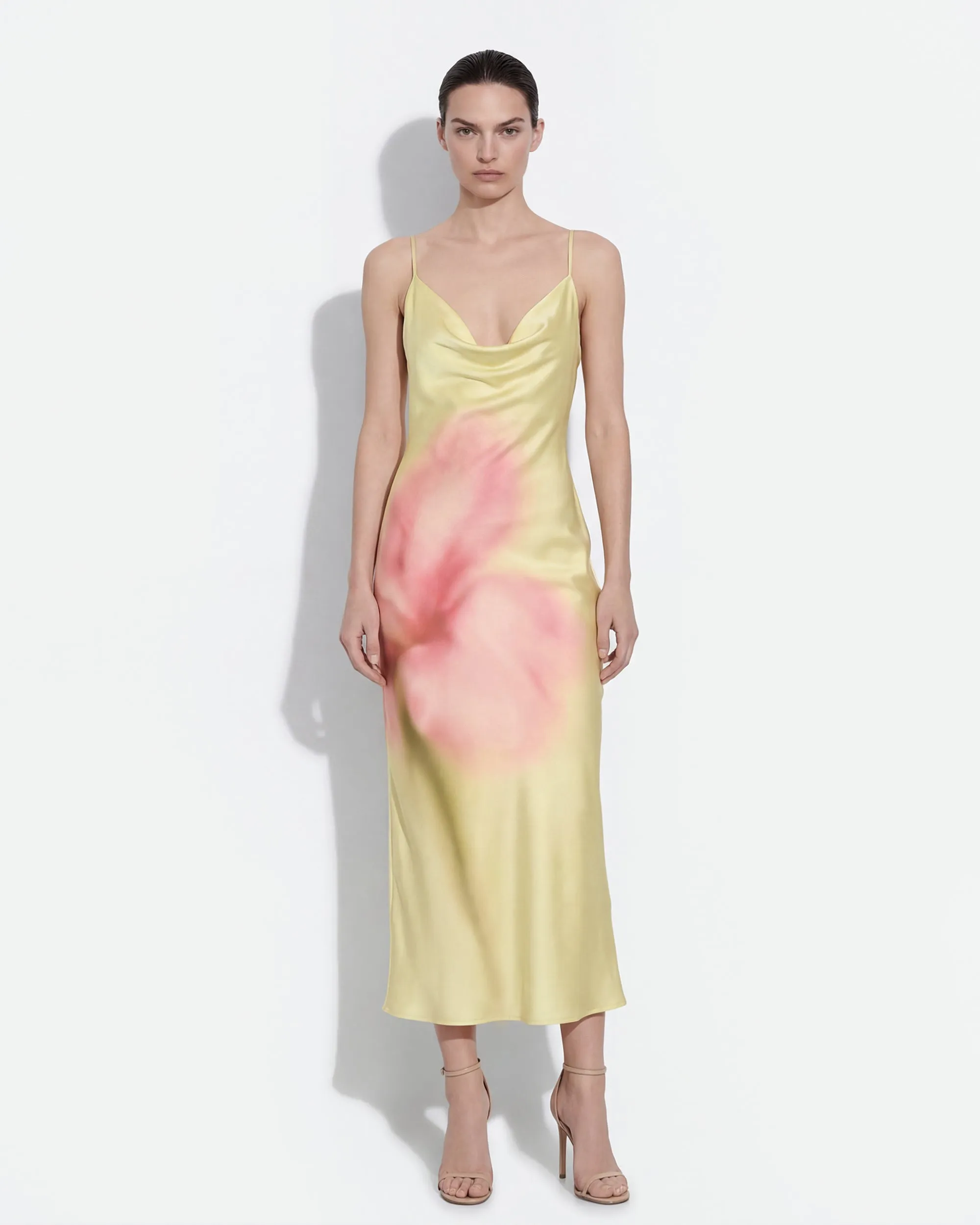 Watercolor Floral Print Satin Cowl Midi dress - Yellow sold by JW PEI