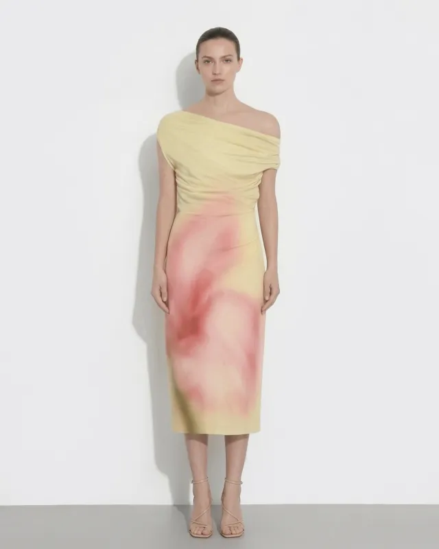 Watercolor Floral Print One-Shoulder Asymmetric Midi Dress - Yellow sold by JW PEI