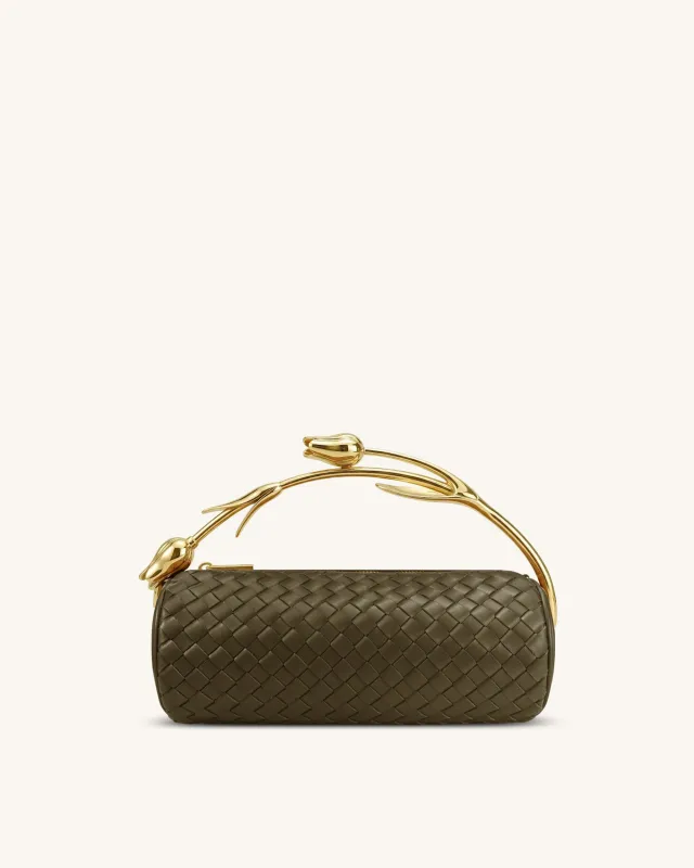 Elara Tulip Shaped Metal Handle Woven Top Handle Bag - Olive Green sold by JW PEI