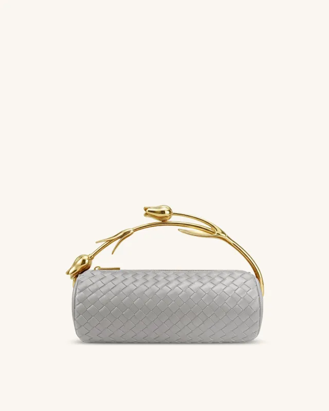 Elara Tulip Shaped Metal Handle Woven Top Handle Bag - Grey made by JW PEI
