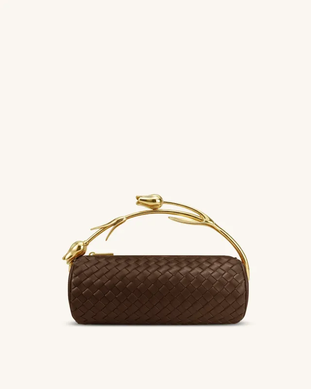 Elara Tulip Shaped Metal Handle Woven Top Handle Bag - Dark Brown made by JW PEI
