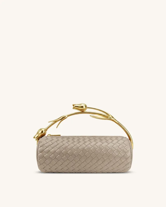 Elara Tulip Shaped Metal Handle Woven Top Handle Bag - Beige sold by JW PEI
