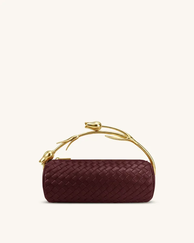 Elara Tulip Shaped Metal Handle Woven Top Handle Bag - Burgundy sold by JW PEI