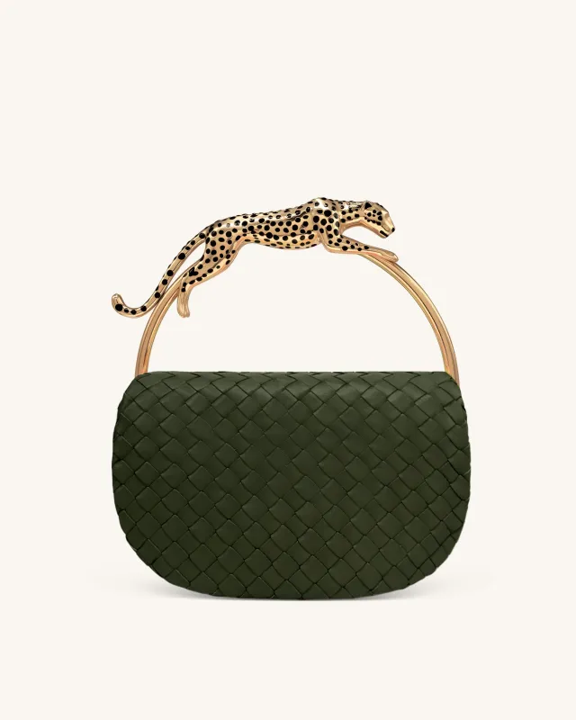 Ione Woven Leopard Shaped Top Handle Bag - Dark Green made by JW PEI