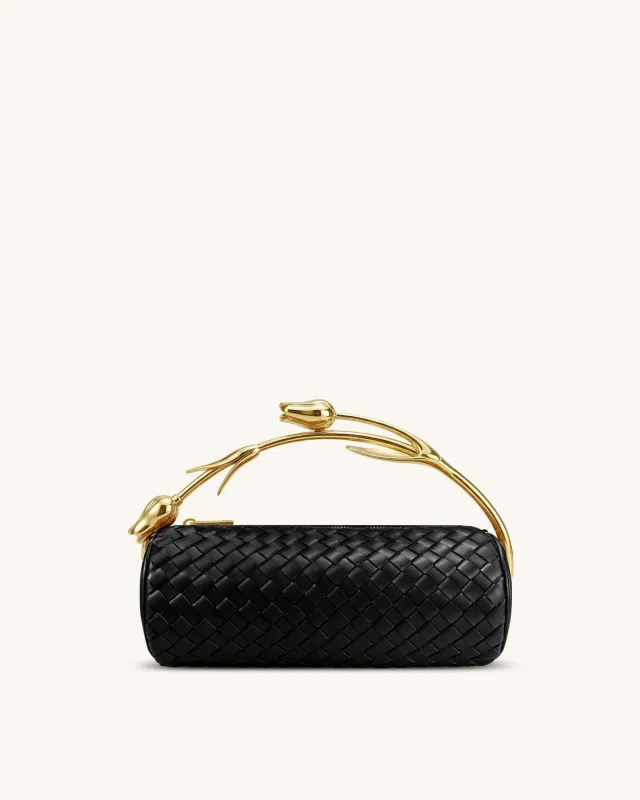 Elara Tulip Shaped Metal Handle Woven Top Handle Bag - Black sold by JW PEI