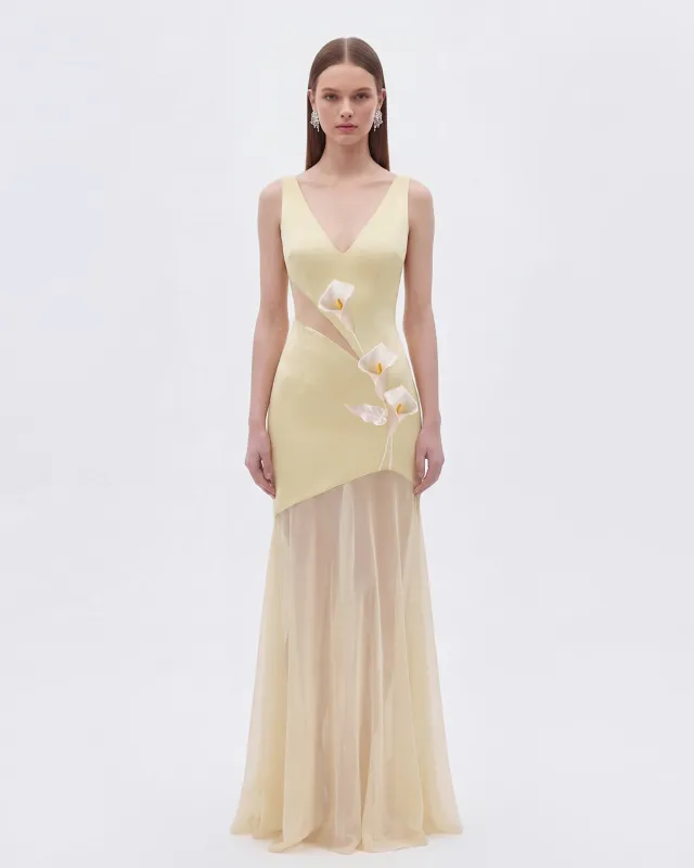 Floral Sheer Panel Dress - Light Yellow sold by JW PEI