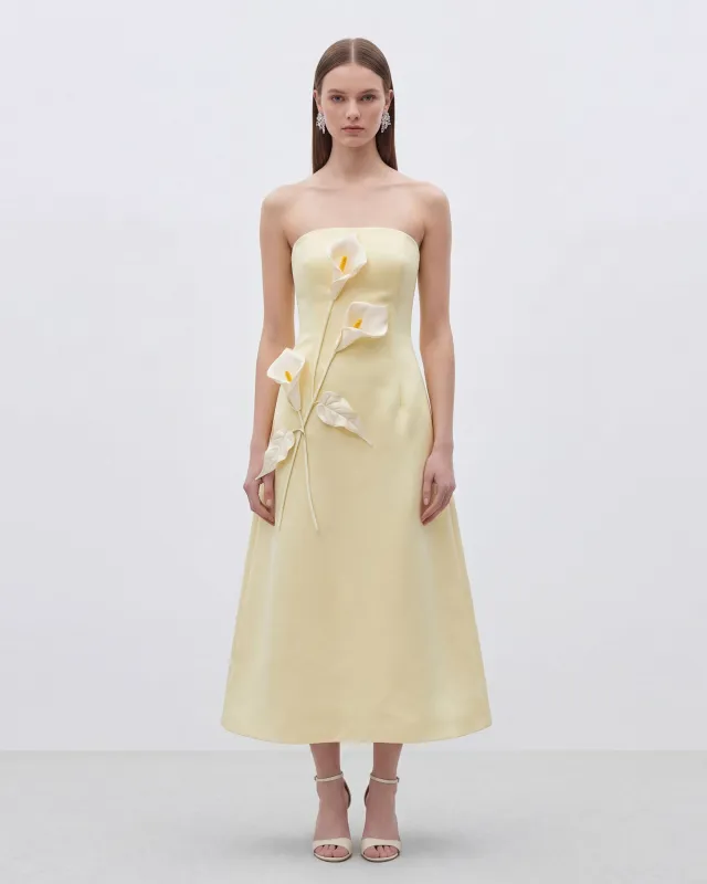 Strapless Floral Appliqué Dress - Light Yellow made by JW PEI
