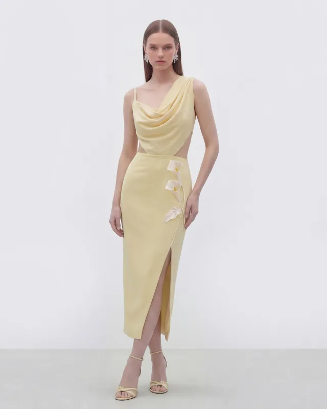 Floral Appliqué Draped Dress - Yellow sold by JW PEI
