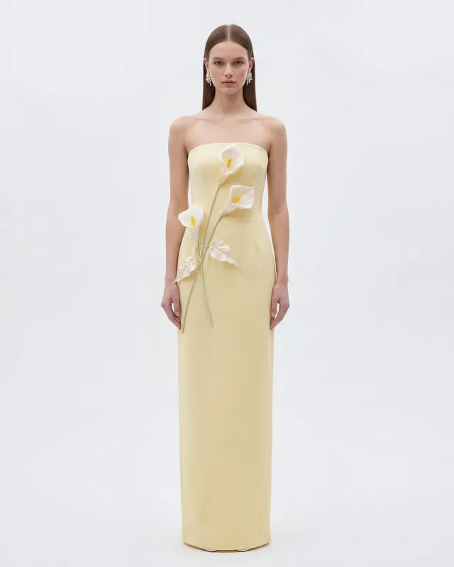Floral Appliqué Strapless Dress - Yellow sold by JW PEI