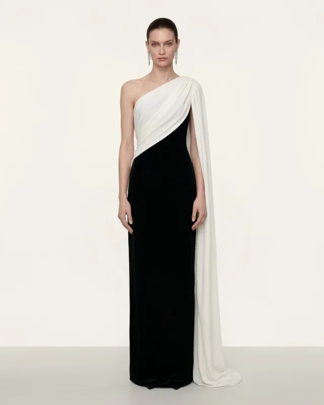 One Shoulder Draped Maxi Dress - Black White made by JW PEI