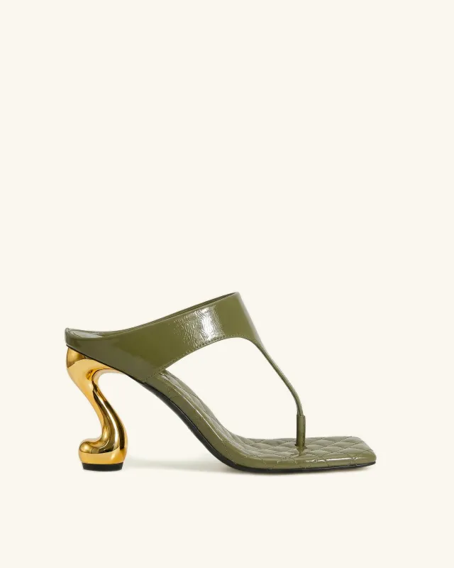 Hannah Quilted Thong Heel Mules - Olive Green made by JW PEI