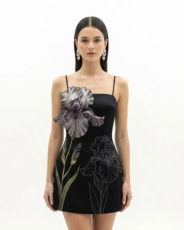 Iris Appliqué Mini Dress - Black made by JW PEI