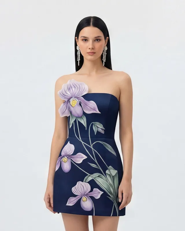 Slipper Orchid Appliqué Mini Dress - Navy blue made by JW PEI