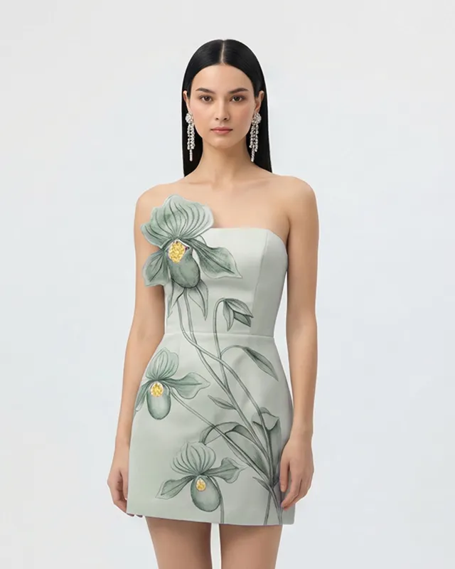 Slipper Orchid Appliqué Mini Dress - Sage Green made by JW PEI