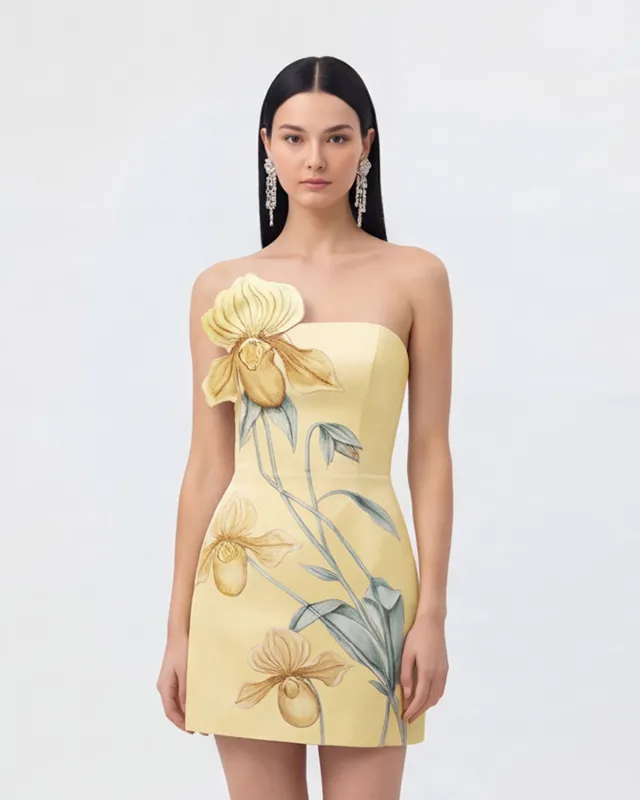 Slipper Orchid Appliqué Mini Dress - Yellow made by JW PEI