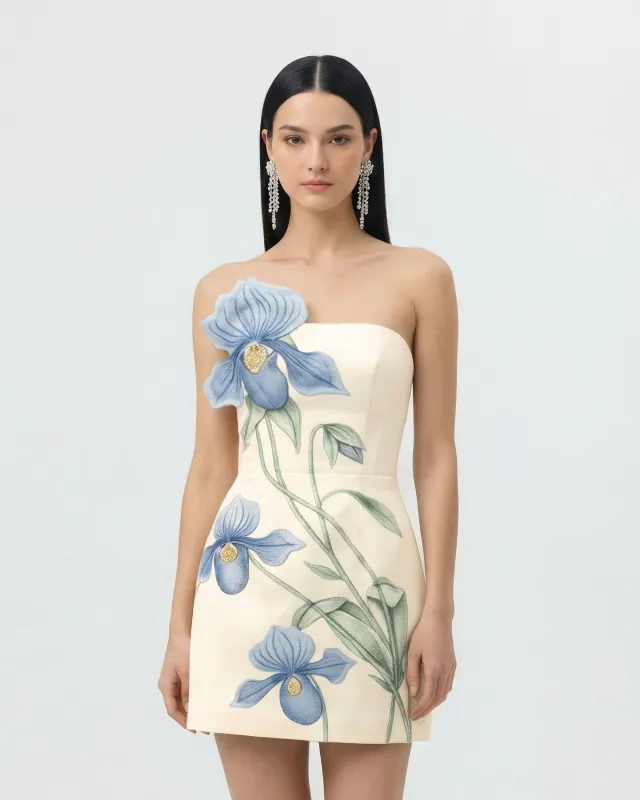 Slipper Orchid Appliqué Mini Dress - Ivory/Blue made by JW PEI