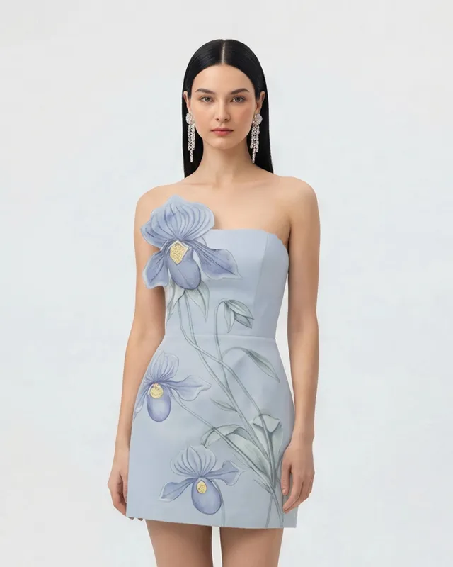 Slipper Orchid Appliqué Mini Dress - Blue made by JW PEI