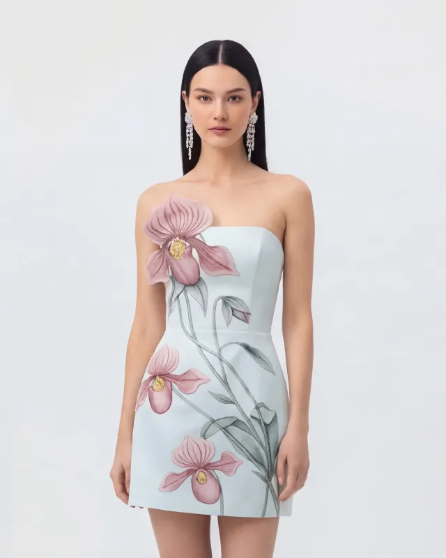 Slipper Orchid Appliqué Mini Dress - Blue/DustyRose made by JW PEI