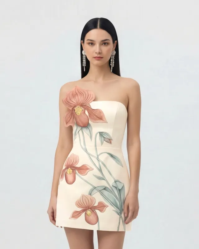 Slipper Orchid Appliqué Mini Dress - Ivory/Peach Pink made by JW PEI
