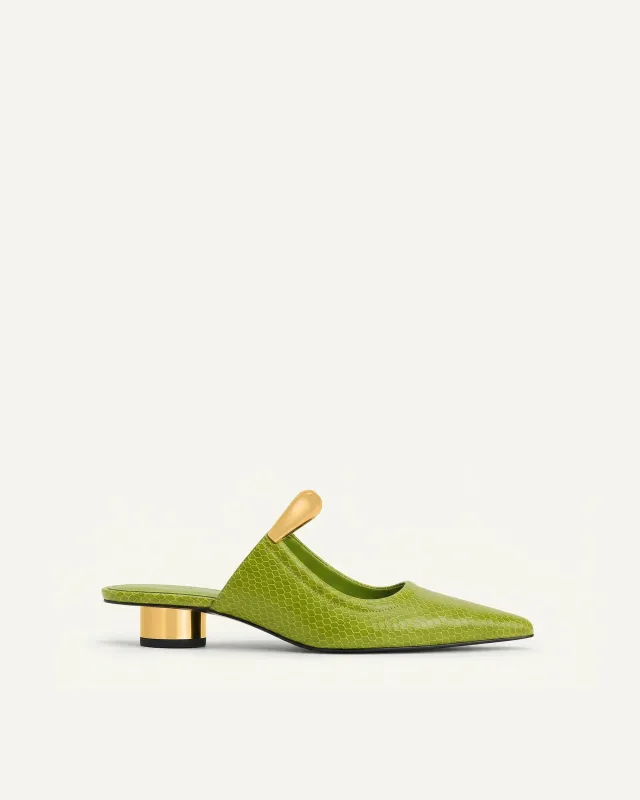 Helena Pierced Snakeskin Mules - Green made by JW PEI