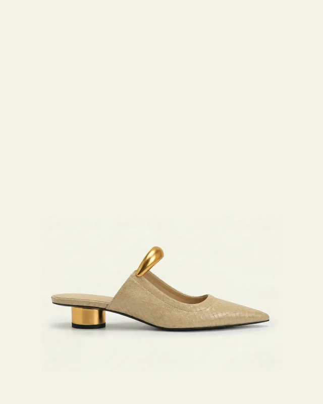 Helena Pierced Snakeskin Mules - Khaki made by JW PEI