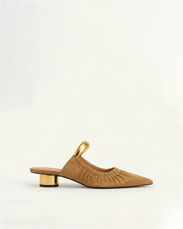 Helena Pierced Ruched Faux Suede Mules - Brown made by JW PEI