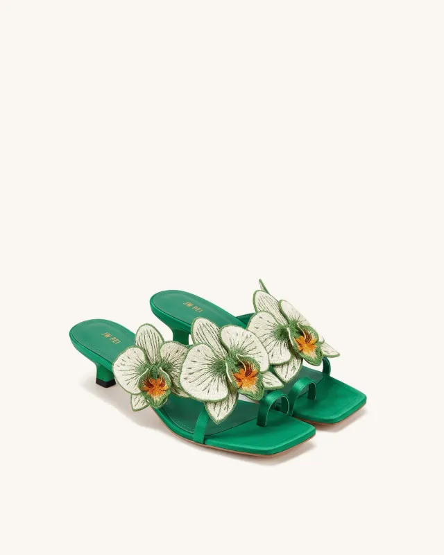 Serena Orchid Embroidered Toe Ring Heeled Sandals - Emerald Green made by JW PEI