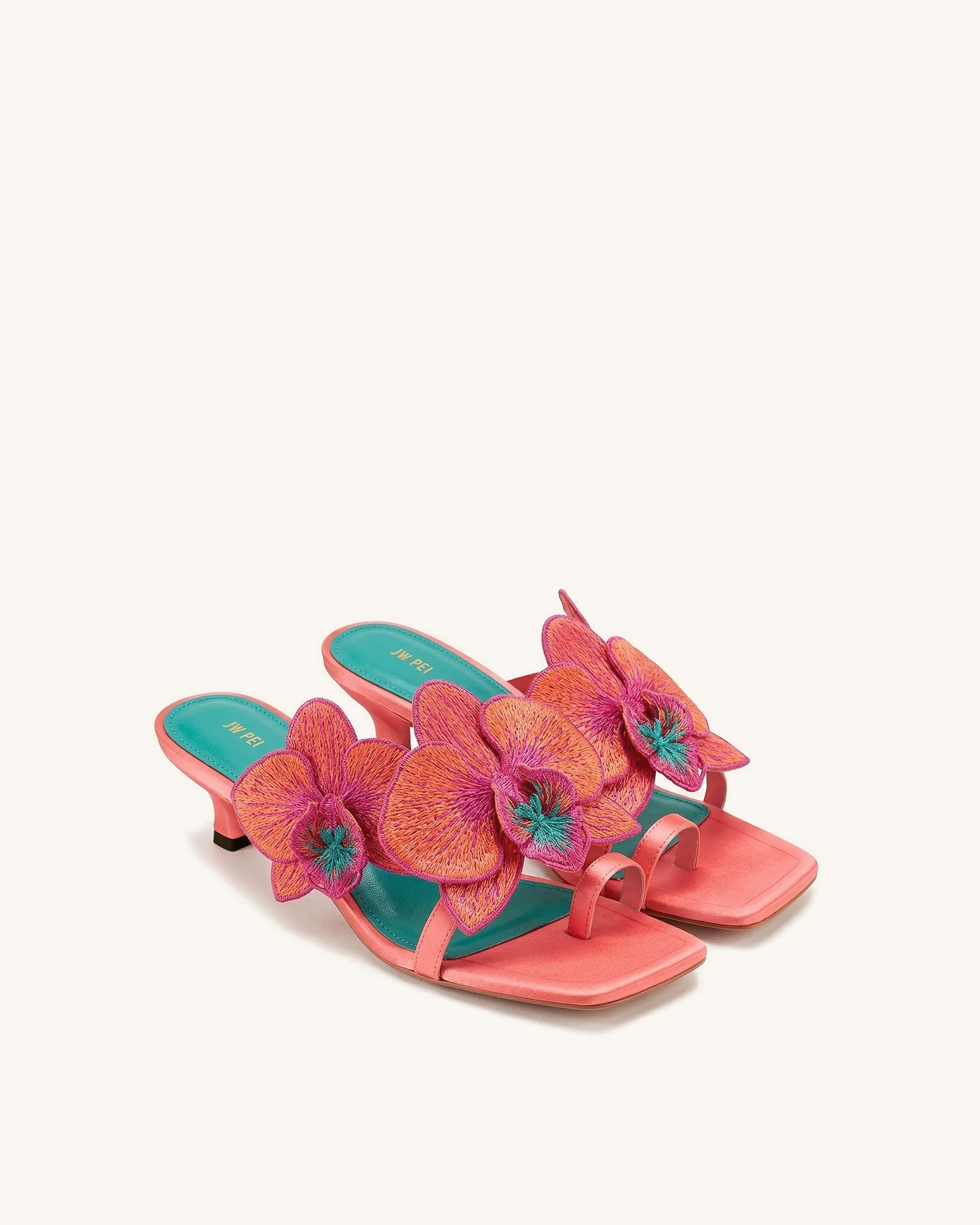 Serena Orchid Embroidered Toe Ring Heeled Sandals - Coral Pink sold by JW PEI