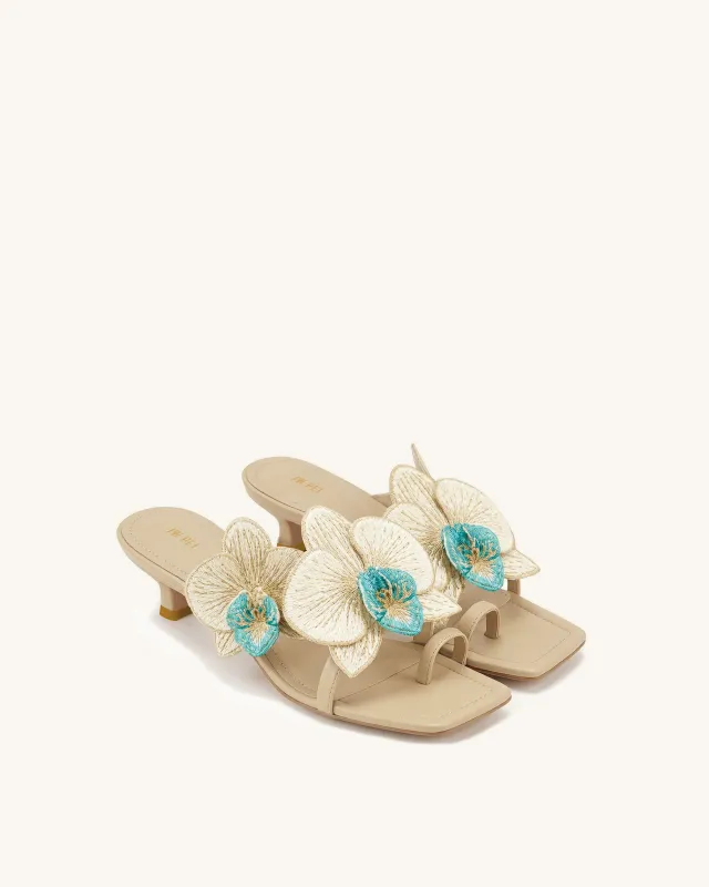 Serena Orchid Embroidered Toe Ring Heeled Sandals - Beige made by JW PEI