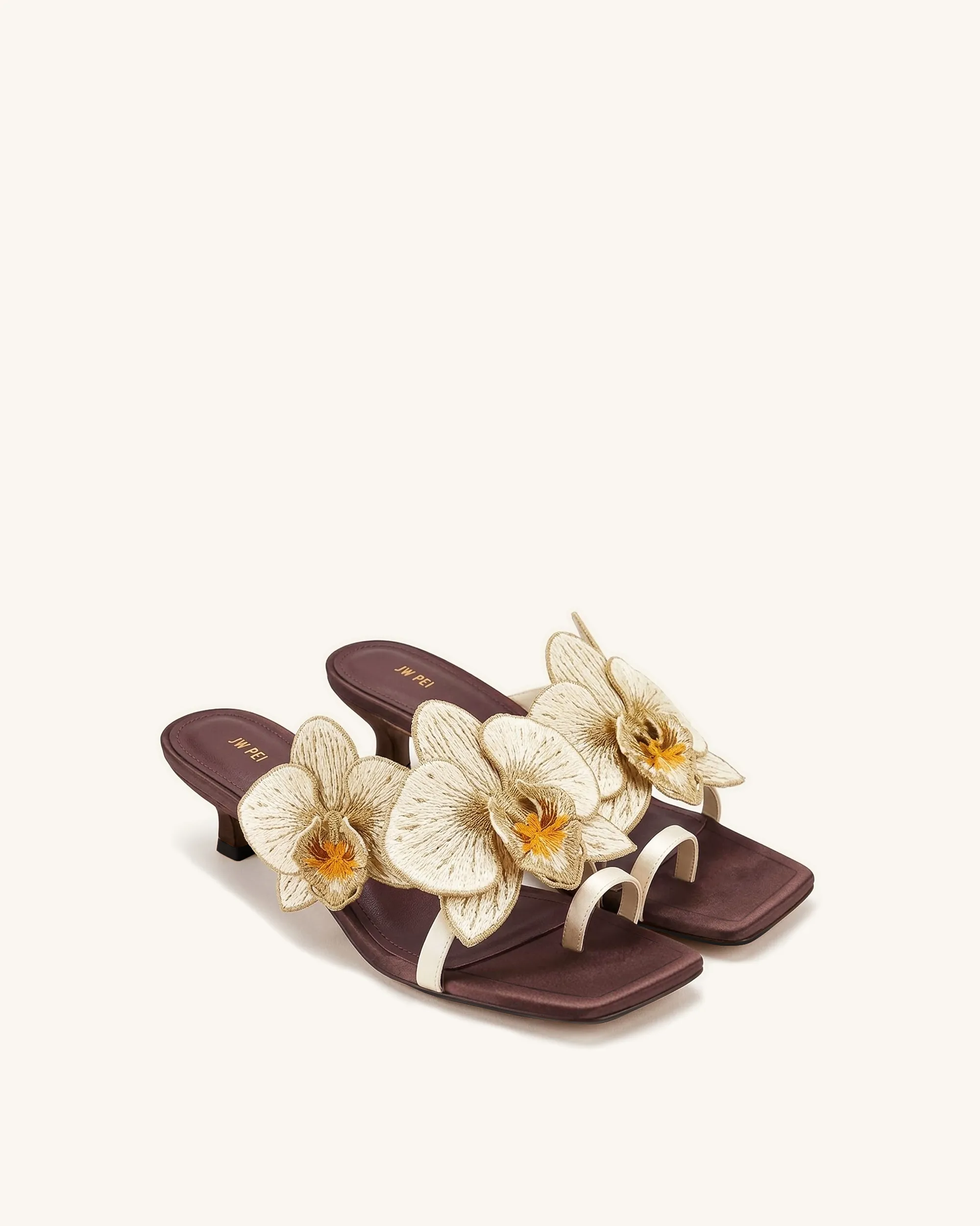 Serena Orchid Embroidered Toe Ring Heeled Sandals - Brown sold by JW PEI