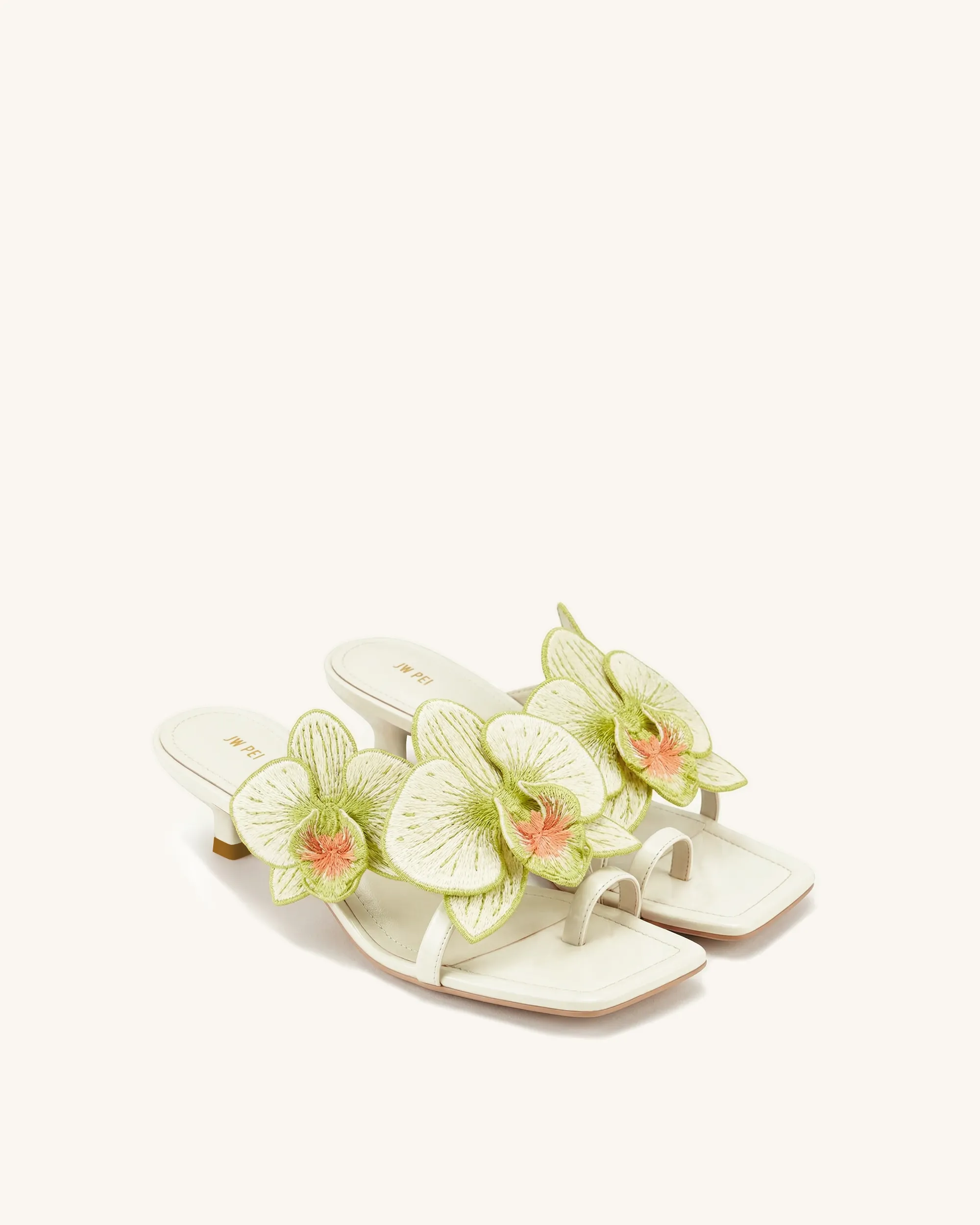 Serena Orchid Embroidered Toe Ring Heeled Sandals - Ivory Green sold by JW PEI