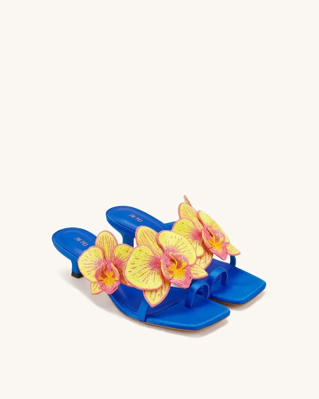 Serena Orchid Embroidered Toe Ring Heeled Sandals - Royal Blue made by JW PEI