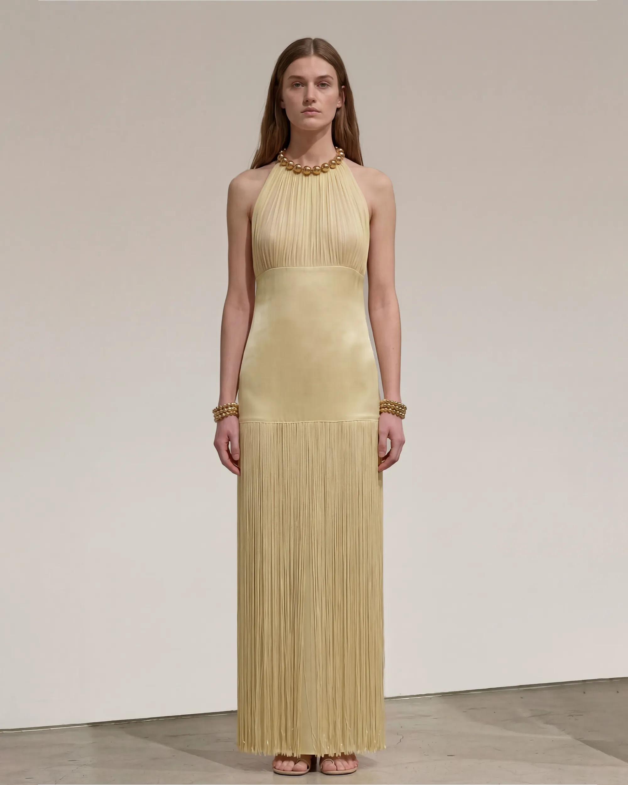 Pleated Fringe Maxi Dress - Champagne sold by JW PEI