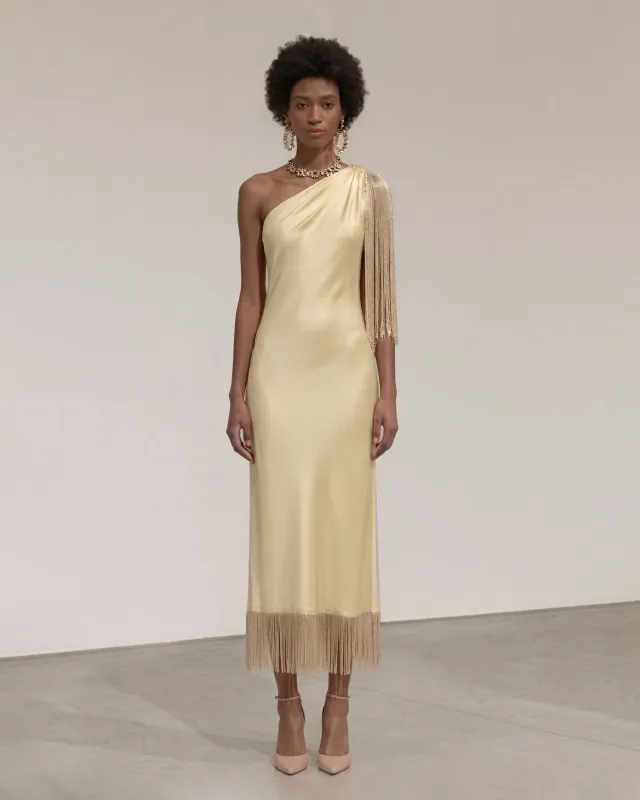 One Shoulder Fringe Midi Dress - Champagne made by JW PEI