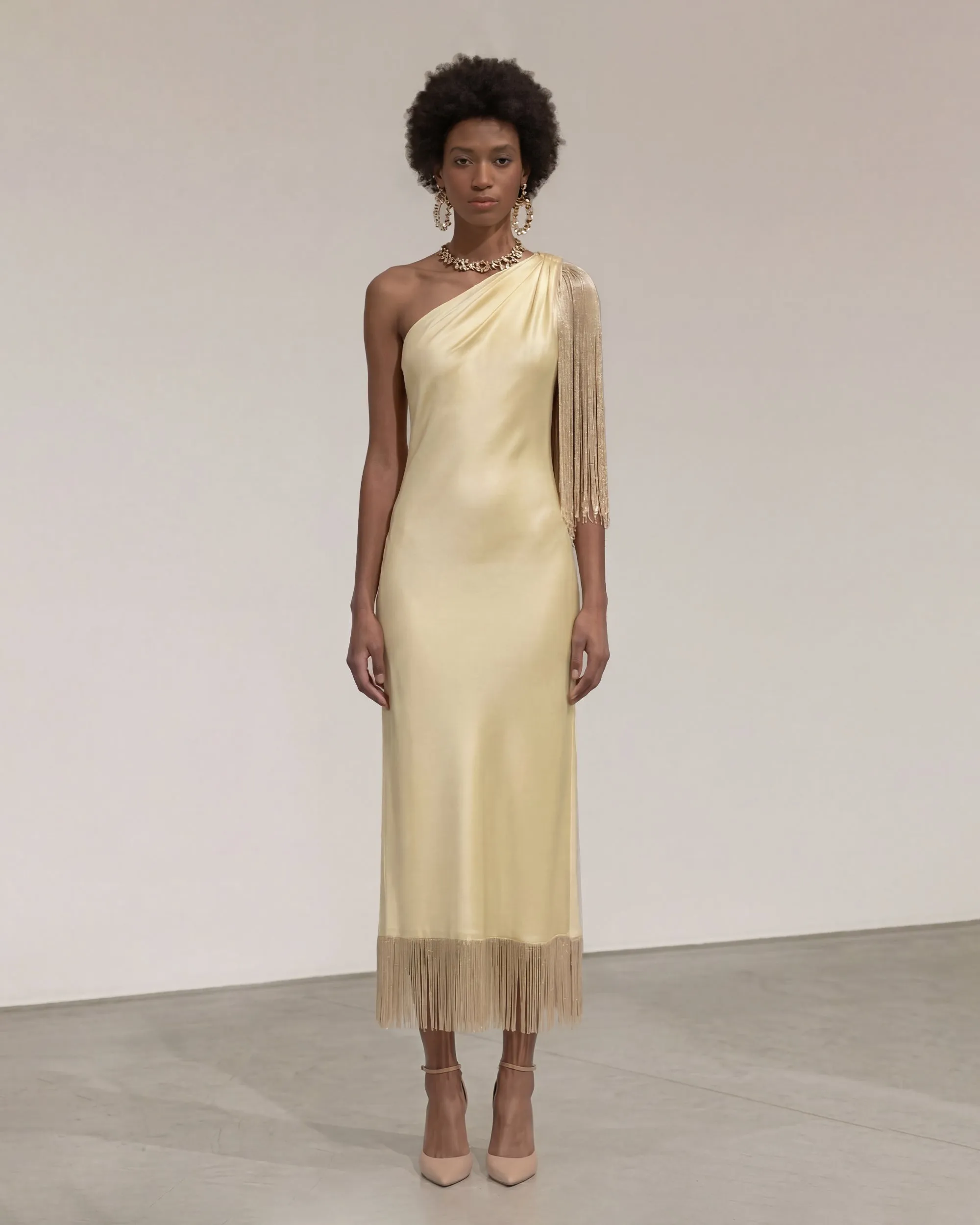 One Shoulder Fringe Midi Dress - Champagne sold by JW PEI